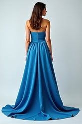 Blaues Trägerloses Langes Satin Hochzeitsgastkleid in A-Linie mit Schlitz
